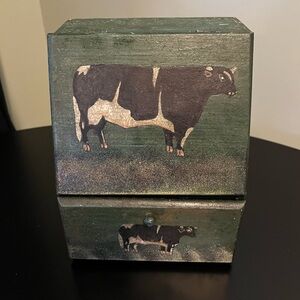 Folk Art Hand Painted Cow Wooden Trinket Box Green Keepsake Farmhouse Accent